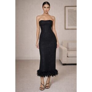 Georgette | Vintage Y2K Sheer Mesh Sequin Midi Dress Feather Hem Goth Club Sm